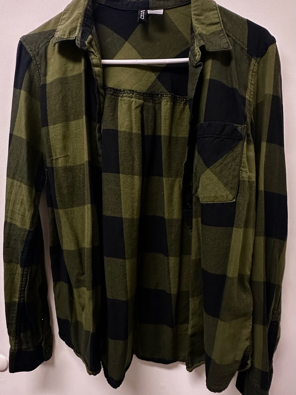H&M Olive Green and Black Plaid Button-Down Blouse